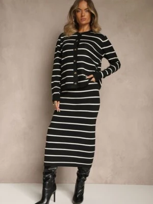 Czarny Komplet z Wiskozą Spódnica i Bluzka z Guzikami Ozdobione Paskami Forrive j&x