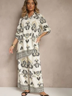 Beżowo-Czarny Komplet z Wiskozą Szerokie Spodnie i Bluzka w Stylu Boho Rinadora m&d fashion