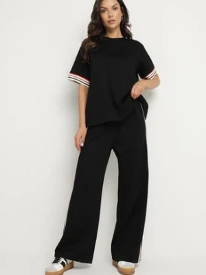 Czarny Komplet z Wiskozą Szerokie Spodnie i Bluzka z Paskami Nilanaria new collection