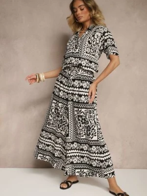 Czarny Komplet z Wiskozą w Kwiatowy Wzór Koszula i Spodnie Sonelienna j&x