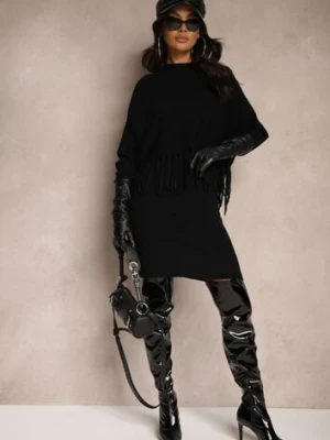 Czarny Komplet z Wiskozą w Prążki Dopasowana Sukienka i Nietoperzowa Bluzka z Frędzlami Vaiella