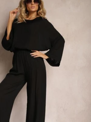 Czarny Komplet z Wiskozy Bluzka o Kroju Nietoperza i Szerokie Spodnie Qadrina