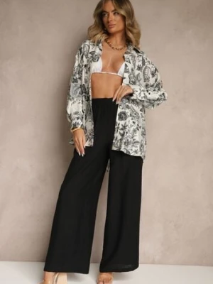 Czarny Komplet z Wiskozy Koszula w Kwiatowy Wzór i Szerokie Spodnie Hanelorin
