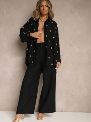 Czarny Komplet z Wiskozy Koszula Zdobiona Haftem i Szerokie Spodnie Hanarella