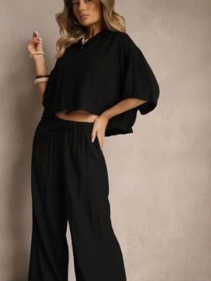 Czarny Komplet z Wiskozy o Kroju Oversize Koszula i Spodnie Dovaraella lovery