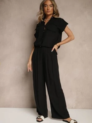 Czarny Komplet z Wiskozy Spodnie i Koszula Ozdobiona Kieszeniami Rinalienna unigirl