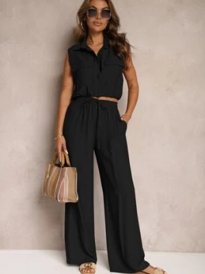 Czarny Komplet z Wiskozy Spodnie o Szerokim Kroju z Gumką w Talii Bluzka z Kieszeniami Risellesma allyson