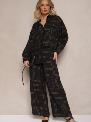 Czarny Komplet z Wiskozy Zdobiony Geometrycznym Printem Koszula i Spodnie Hanovin