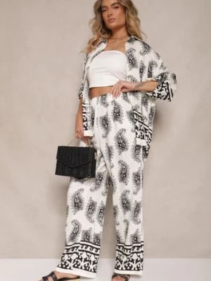 Biało-Czarny Komplet z Wiskozy Zdobiony Printem Paisley Koszula i Spodnie Zolleva defox