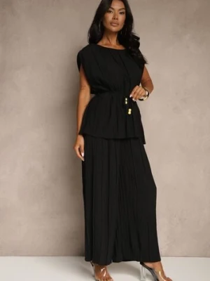 Czarny Komplet Zdobiony Plisami Bluzka z Wiązanym Paskiem i Szerokie Spodnie Gialle allyson