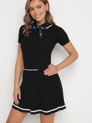 Czarny Komplet ze Sweterkiem z Odpinaną Kokardką i Spódniczką w Stylu Mundurka Jorilne elsa.m by may