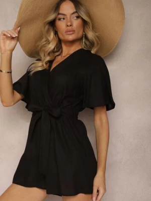 Czarny Kopertowy Kombinezon z Bawełny Wiązany w Talii Materiałowym Paskiem Vikly melya by melody