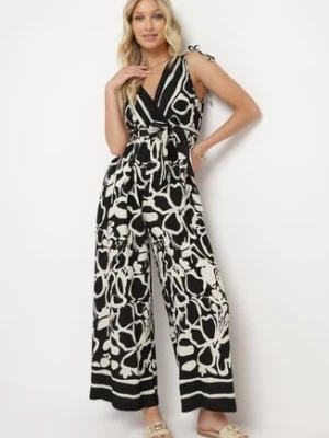 Czarny Kopertowy Kombinezon z Wiskozą Wykończony Gumką w Talii z Materiałowym Paskiem Inatia rosa