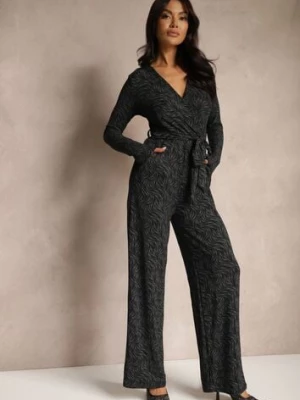 Czarny Kopertowy Kombinezon z Wiskozą z Paskiem Przeszyty Metaliczną Nicią Heladi by swan