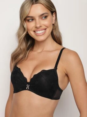 Czarny Koronkowy Biustonosz Push Up Ozdobiony Metaliczną Aplikacją Norithiel