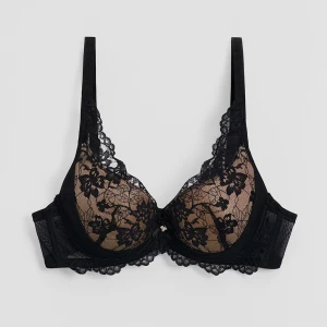 Czarny koronkowy biustonosz z motywem kwiatowym House