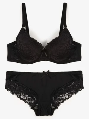 Czarny Koronkowy Komplet Biustonosz i Majtki Figi w Klasycznym Stylu Ezirene