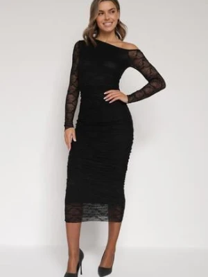 Czarny Koronkowy Komplet Dopasowana Spódnica i Bluzka na Jedno Ramię Calonara