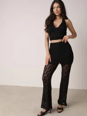 Czarny Koronkowy Komplet Top z Odkrytymi Plecami i Spodnie z Imitacją Spódnicy Romine allyson