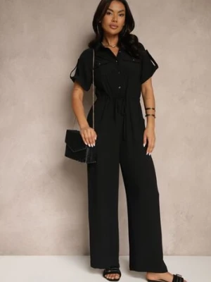 Czarny Koszulowy Kombinezon z Krótkim Rękawem Wiązany w Pasie Maraisla h&s