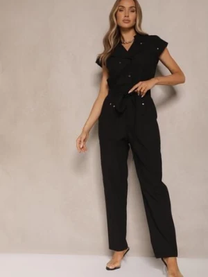 Czarny Koszulowy Kombinezon z Wiskozą Zdobiony Napami i Wiązanym Paskiem Sepirise unigirl