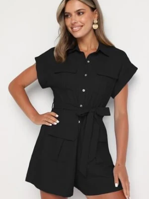 Czarny Krótki Kombinezon z Zapinany na Guziki z Wiązaniem w Talii Senadea allyson