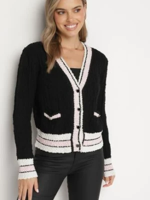 Czarny Krótki Rozpinany Kardigan z Wiskozą Paskami i Ozdobnymi Guzikami Lialana studio eleven
