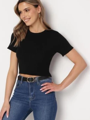 Zdjęcie produktu Czarny Krótki T-shirt z Prążkowanej Dzianiny Clutia