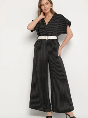 Czarny Nietoperzowy Kombinezon o Kopertowym Kroju z Paskiem Tolannea new collection
