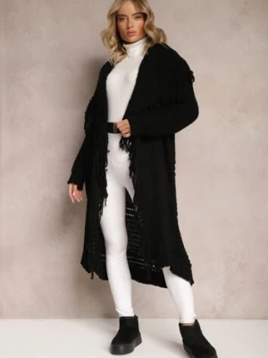 Czarny Niezapinany Kardigan o Długim Kroju z Frędzlami Finantia lily rose