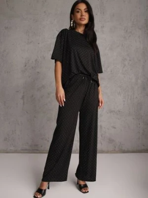 Czarny Oversizowy Komplet Zdobiony Cyrkoniami T-shirt i Spodnie Arnateia ambitionfly