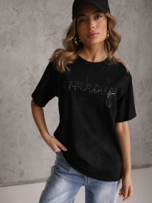 Czarny Oversizowy T-shirt z Bawełny Zdobiony Haftem z Cekinami Marivia romee's