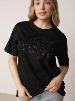 Czarny Oversizowy T-shirt z Bawełny Zdobiony Haftem z Cekinami Pidella romee's