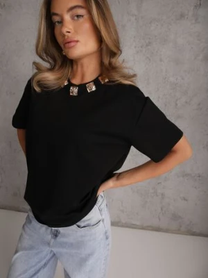 Czarny Oversizowy T-shirt z Bawełny Zdobiony Kwadratowymi Aplikacjami Evesilea yu & me