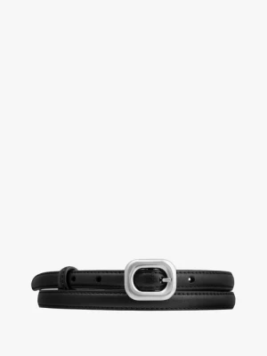 Czarny pasek damski ze skóry licowej ze srebrną klamrą Ryłko