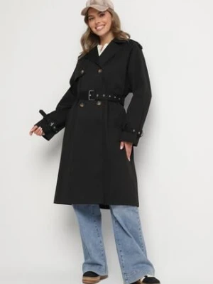 Czarny Płaszcz Dwurzędowy Trencz Ozdobiony Paskiem i Pagonami Malwissa j.style