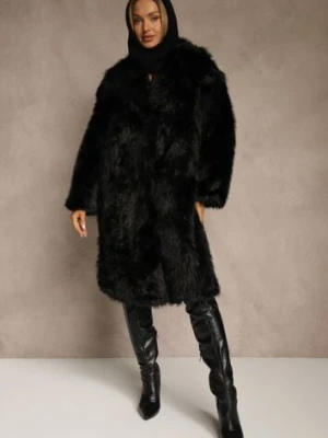 Czarny Płaszcz Futro o Jednorzędowym Kroju z Szerokim Kołnierzem Aweda belcci