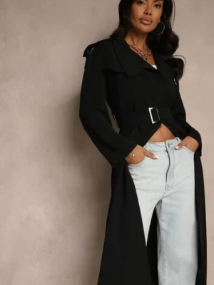 Czarny Płaszcz Jednorzędowy Trencz z Paskiem w Talii Mavinisse lefon