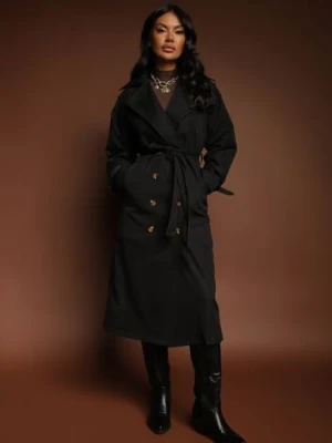 Czarny Płaszcz o Wydłużonym Fasonie Trencza z Guzikami i Paskiem Dennime retro & icone