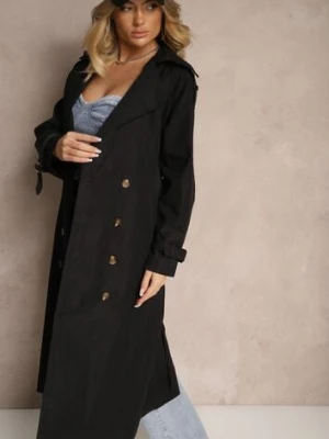 Czarny Płaszcz o Wydłużonym Fasonie Trencza z Guzikami i Paskiem Dennime retro & icone