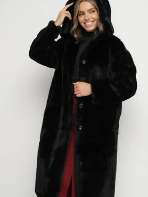 Czarny Płaszcz Pluszowy z Kapturem Zereta j.style