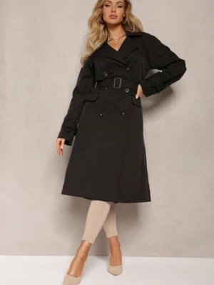Czarny Płaszcz Trencz Dwurzędowy Taliowany Paskiem z Patkami na Rękawach Diore