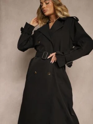 Czarny Płaszcz Trencz Dwurzędowy z Paskiem Lene jusdepom
