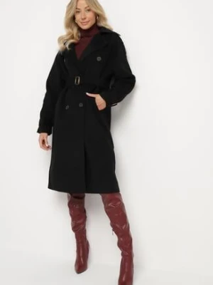Czarny Płaszcz Trencz o Klasycznym Dwurzędowym Kroju z Paskiem Edrisella belcci