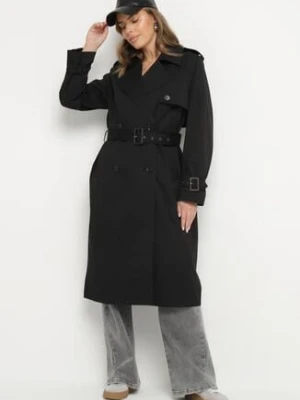 Czarny Płaszcz Trencz z Paskiem w Talii i na Rękawach Irimarine metrofive