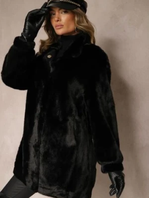 Czarny Płaszcz z Futerka o Prostym Kroju ze Stójką i Kieszeniami Saliratia ann gissy