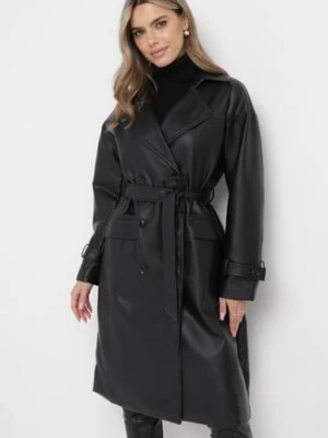 Czarny Płaszcz z Imitacji Skóry z Dużym Kołnierzem i Paskiem Isatia ann gissy