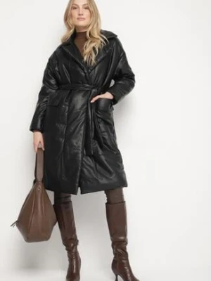 Czarny Płaszcz z Imitacji Skóry z Wiązanym Paskiem Telmi ann gissy