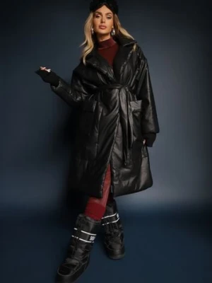 Czarny Płaszcz z Imitacji Skóry z Wiązanym Paskiem Tosha ann gissy