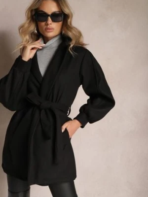 Czarny Płaszcz z Wiązanym Paskiem i Bufiastym Rękawem Agnage tricot station
